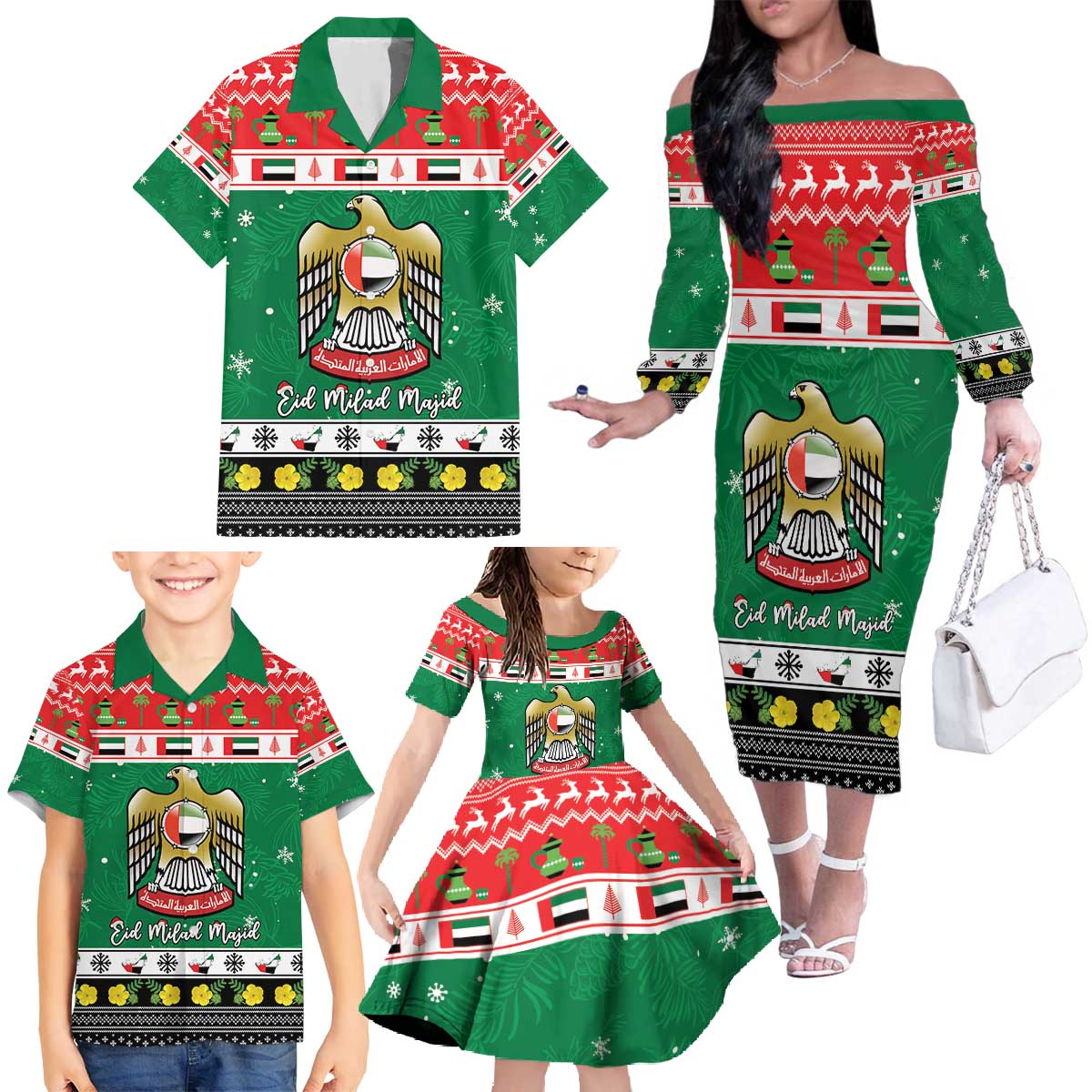 United Arab Emirates Christmas Family Matching Off The Shoulder Long Sleeve Dress and Hawaiian Shirt Coat Of Arms Eid Milad Majid - Wonder Print Shop