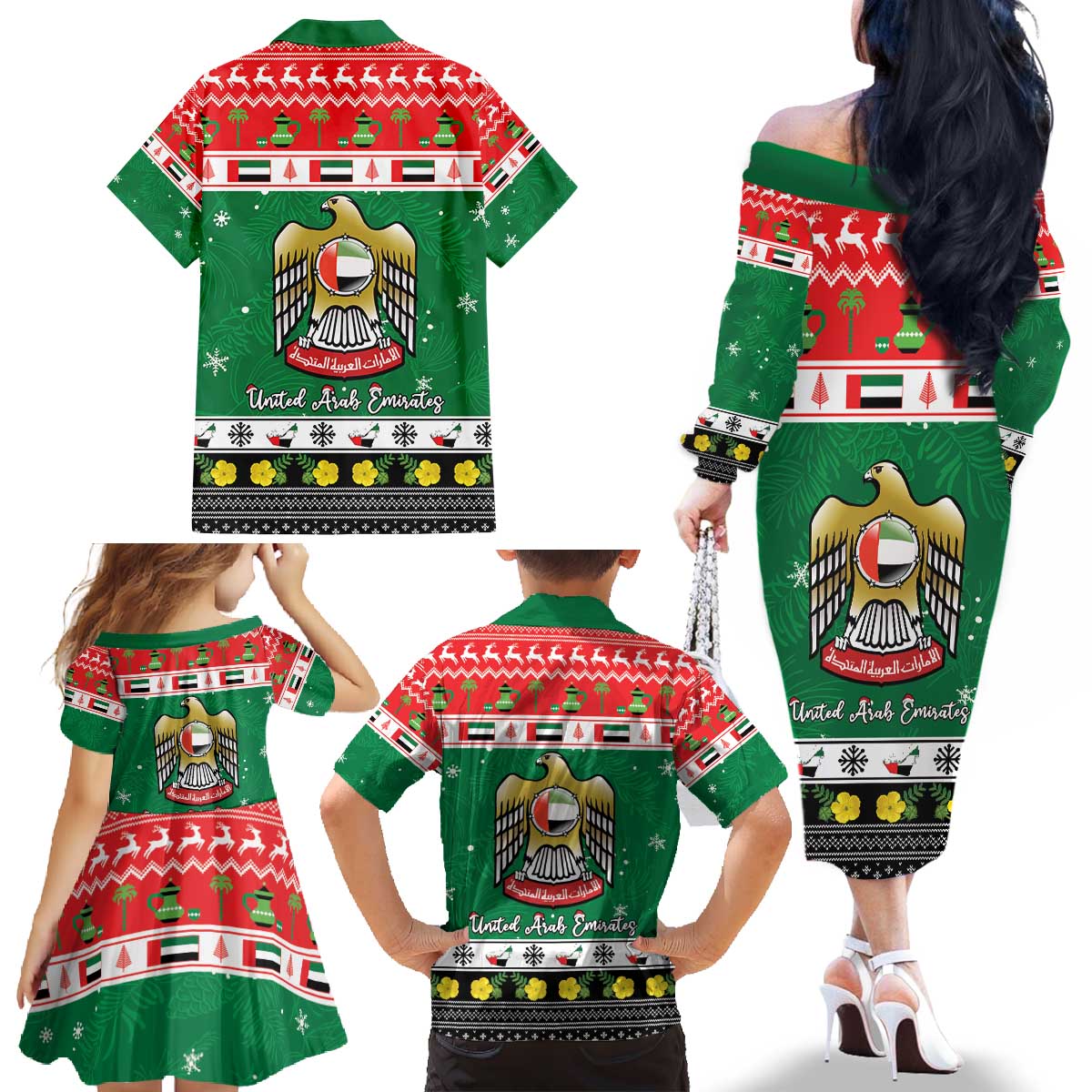United Arab Emirates Christmas Family Matching Off The Shoulder Long Sleeve Dress and Hawaiian Shirt Coat Of Arms Eid Milad Majid - Wonder Print Shop