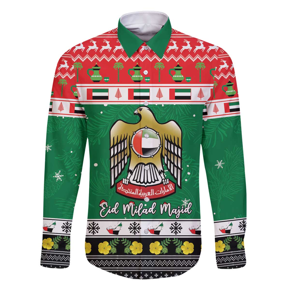 United Arab Emirates Christmas Family Matching Off The Shoulder Long Sleeve Dress and Hawaiian Shirt Coat Of Arms Eid Milad Majid - Wonder Print Shop