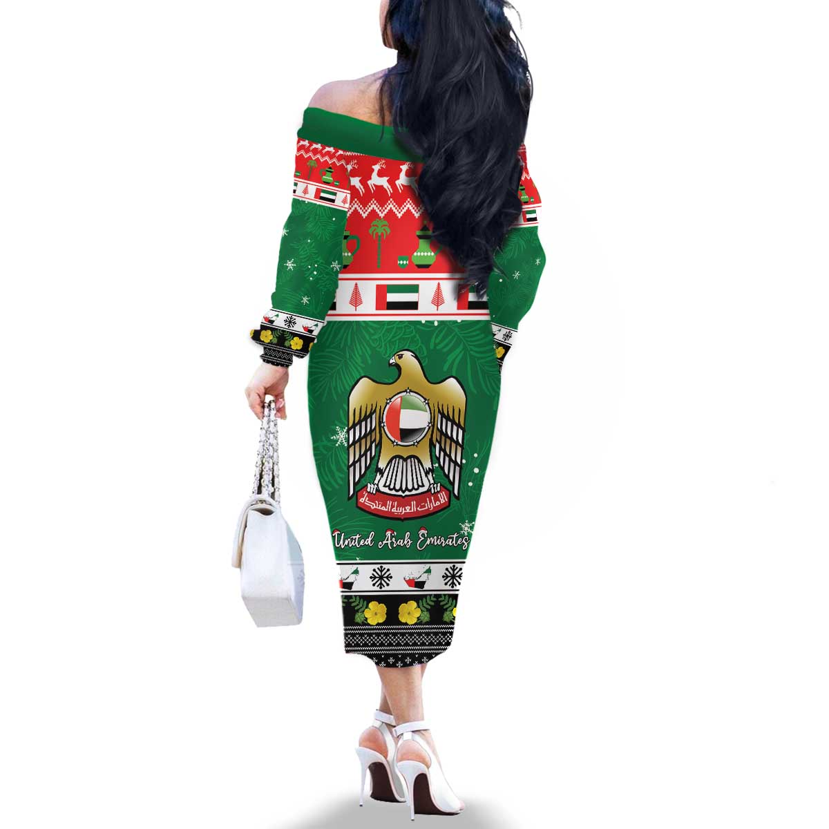 United Arab Emirates Christmas Family Matching Off The Shoulder Long Sleeve Dress and Hawaiian Shirt Coat Of Arms Eid Milad Majid - Wonder Print Shop