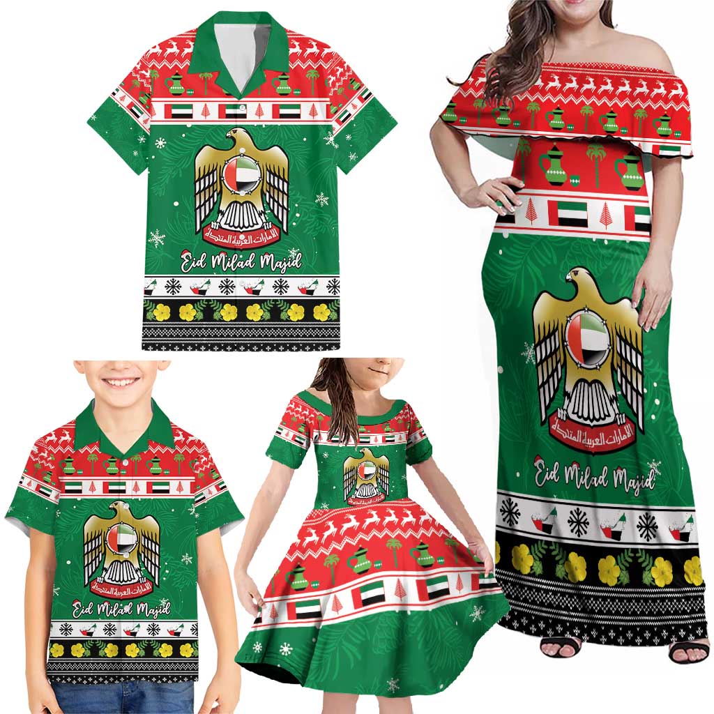 United Arab Emirates Christmas Family Matching Off Shoulder Maxi Dress and Hawaiian Shirt Coat Of Arms Eid Milad Majid - Wonder Print Shop