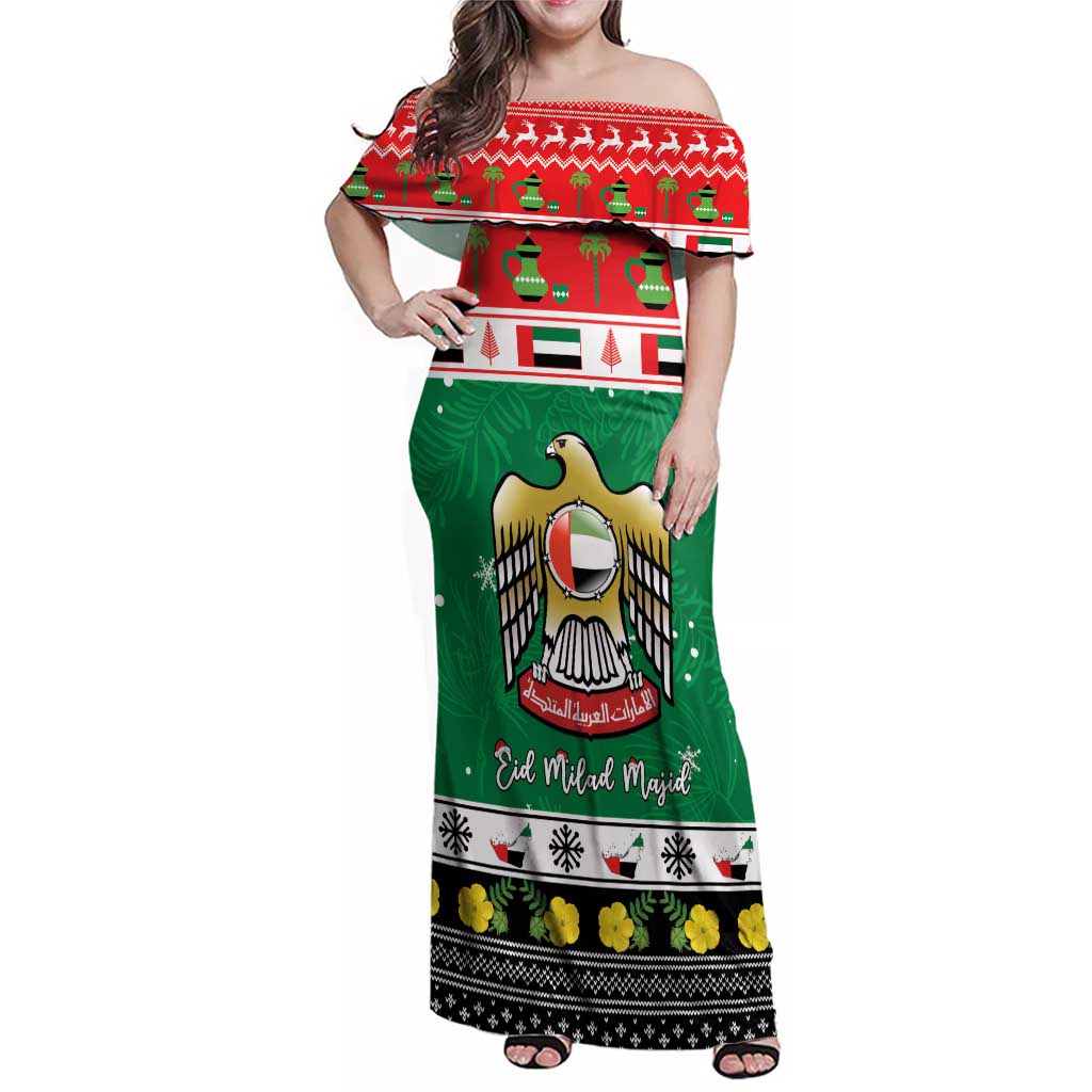 United Arab Emirates Christmas Family Matching Off Shoulder Maxi Dress and Hawaiian Shirt Coat Of Arms Eid Milad Majid - Wonder Print Shop