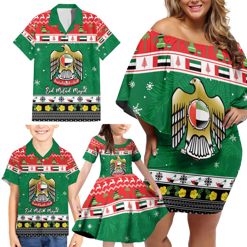 United Arab Emirates Christmas Family Matching Off Shoulder Short Dress and Hawaiian Shirt Coat Of Arms Eid Milad Majid - Wonder Print Shop