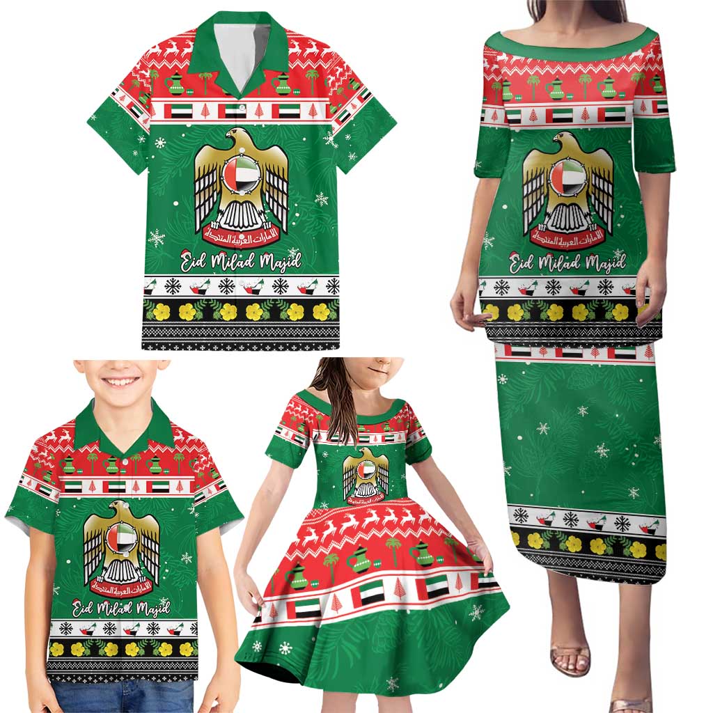 United Arab Emirates Christmas Family Matching Puletasi and Hawaiian Shirt Coat Of Arms Eid Milad Majid - Wonder Print Shop