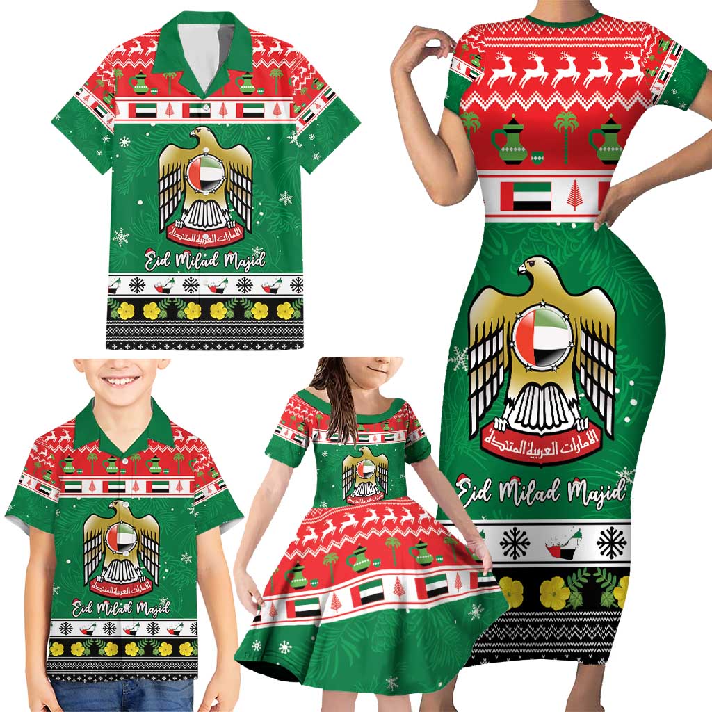 United Arab Emirates Christmas Family Matching Short Sleeve Bodycon Dress and Hawaiian Shirt Coat Of Arms Eid Milad Majid - Wonder Print Shop
