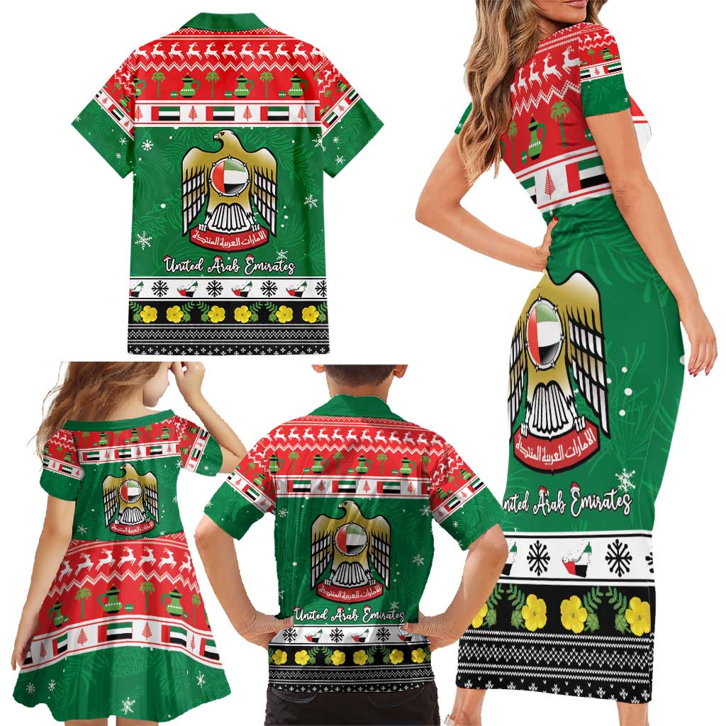 United Arab Emirates Christmas Family Matching Short Sleeve Bodycon Dress and Hawaiian Shirt Coat Of Arms Eid Milad Majid - Wonder Print Shop