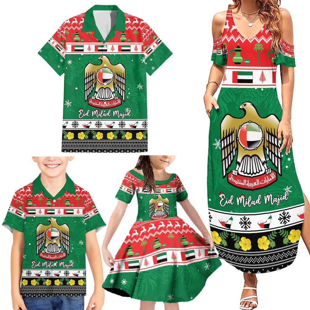United Arab Emirates Christmas Family Matching Summer Maxi Dress and Hawaiian Shirt Coat Of Arms Eid Milad Majid - Wonder Print Shop