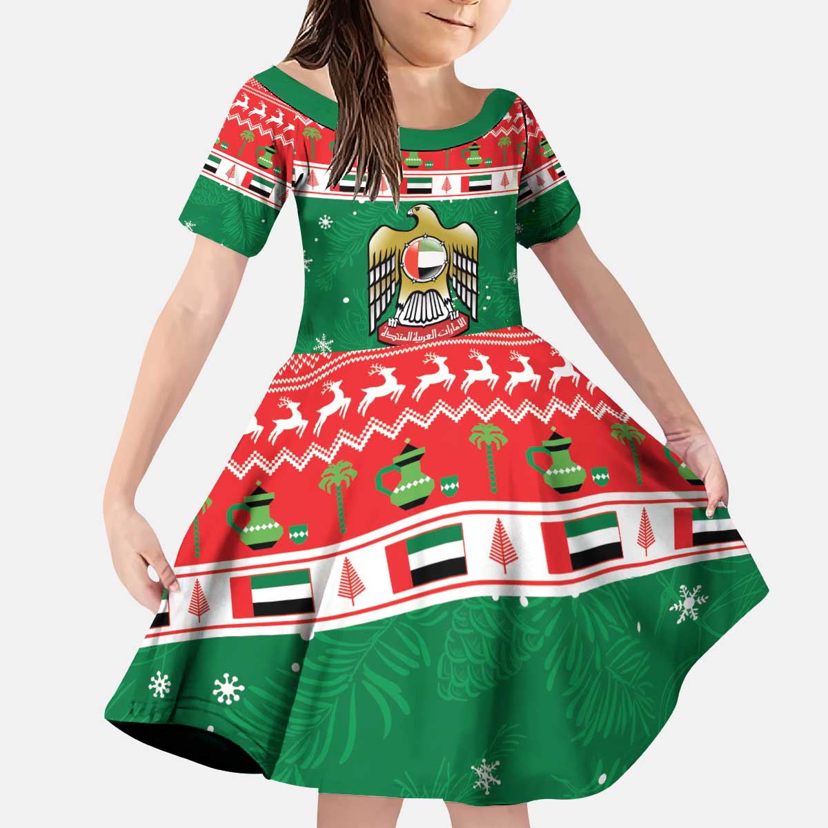 United Arab Emirates Christmas Kid Short Sleeve Dress Coat Of Arms Eid Milad Majid - Wonder Print Shop