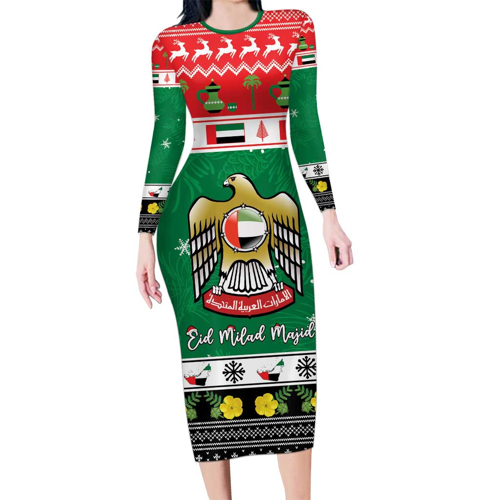 United Arab Emirates Christmas Long Sleeve Bodycon Dress Coat Of Arms Eid Milad Majid - Wonder Print Shop