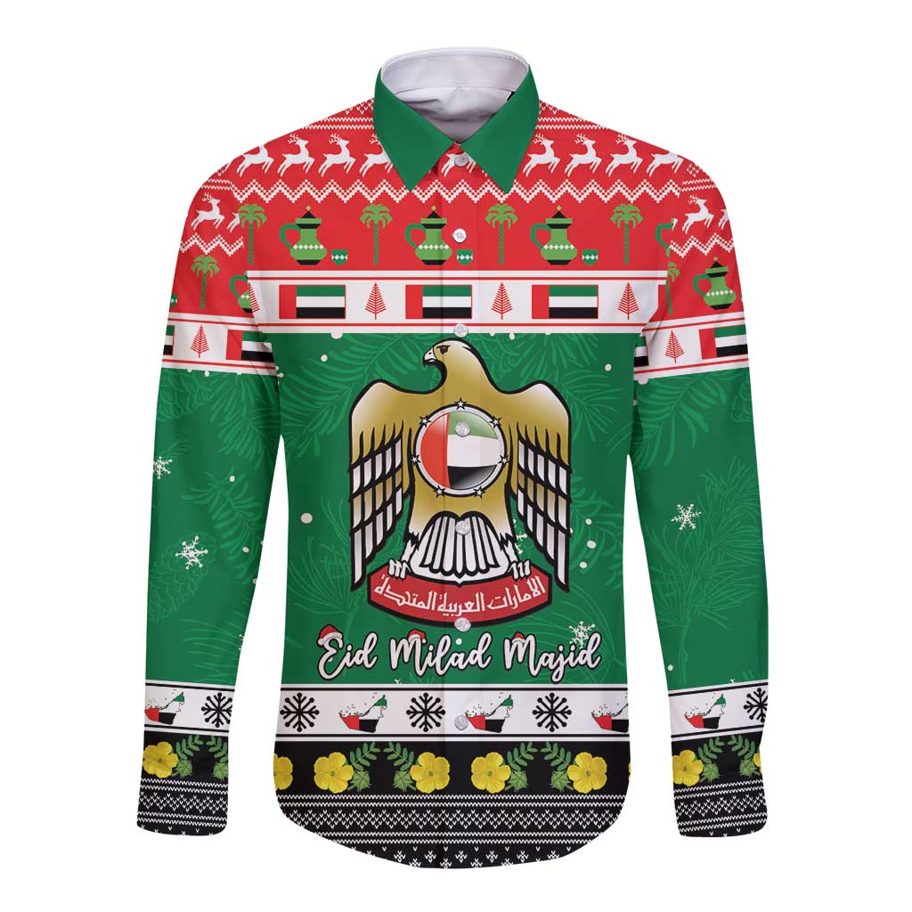 United Arab Emirates Christmas Long Sleeve Button Shirt Coat Of Arms Eid Milad Majid - Wonder Print Shop