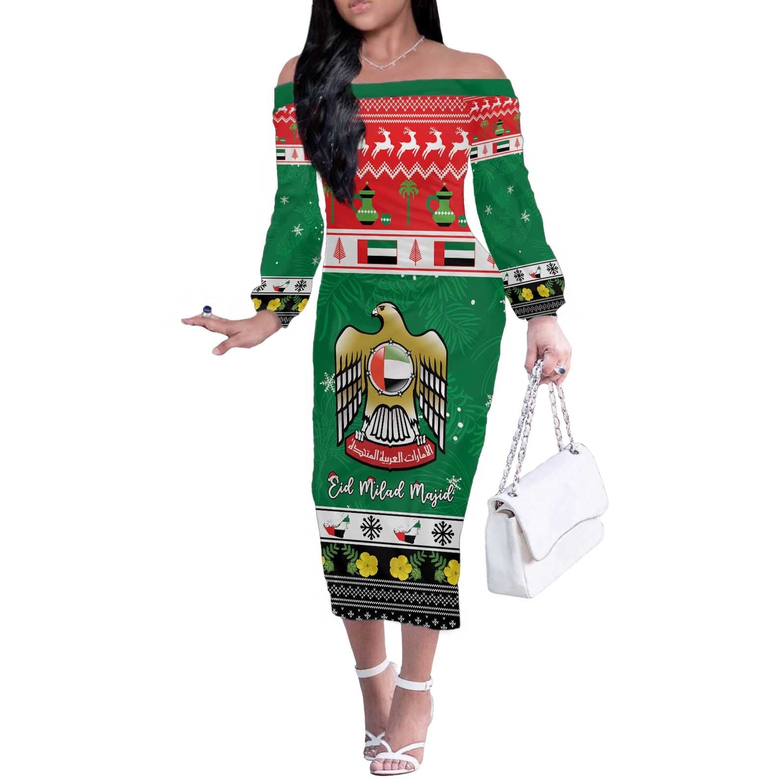 United Arab Emirates Christmas Off The Shoulder Long Sleeve Dress Coat Of Arms Eid Milad Majid - Wonder Print Shop
