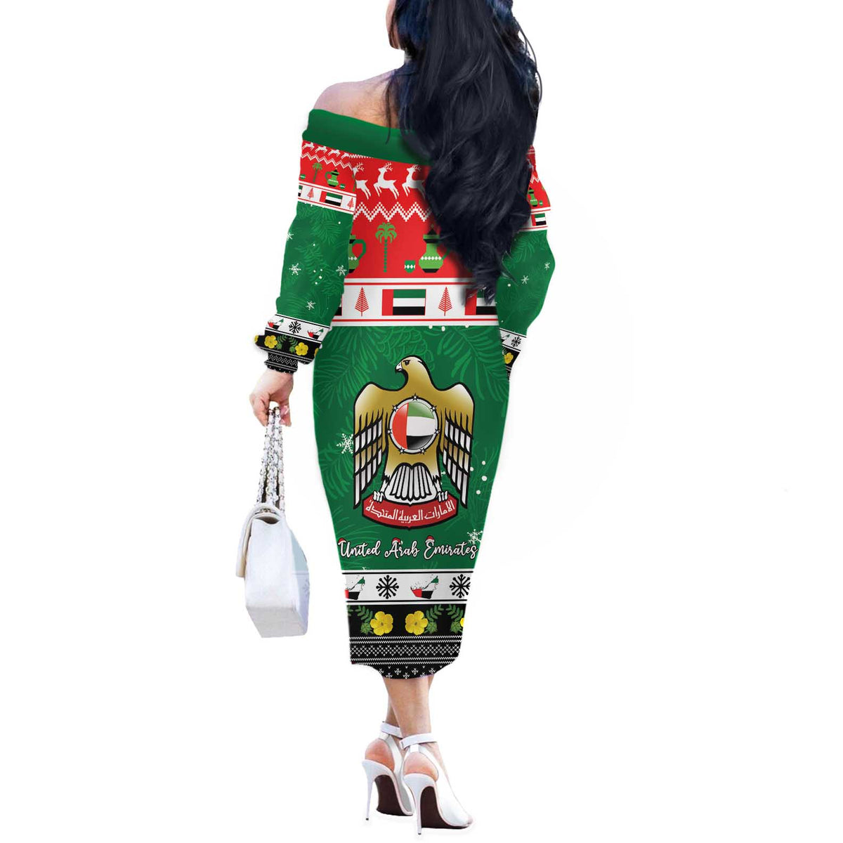 United Arab Emirates Christmas Off The Shoulder Long Sleeve Dress Coat Of Arms Eid Milad Majid - Wonder Print Shop