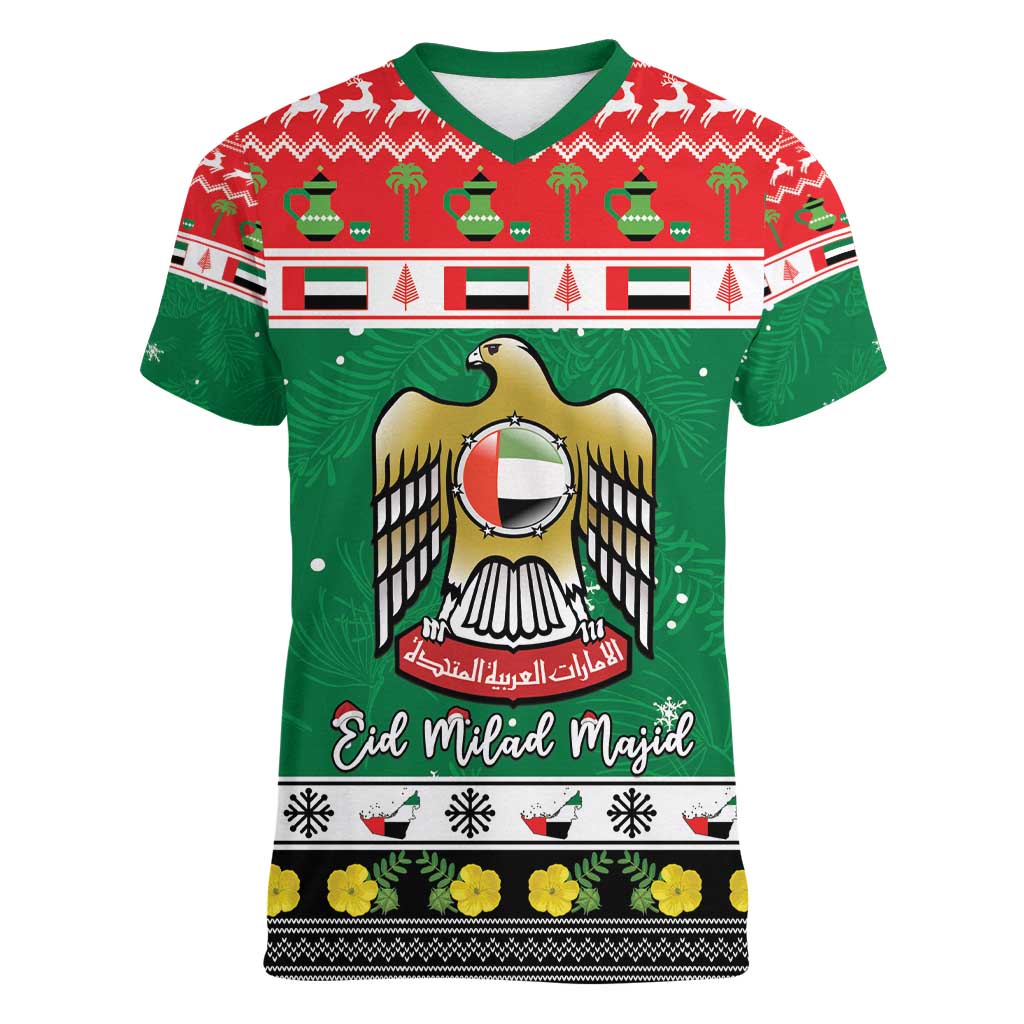 United Arab Emirates Christmas Women V-Neck T-Shirt Coat Of Arms Eid Milad Majid - Wonder Print Shop