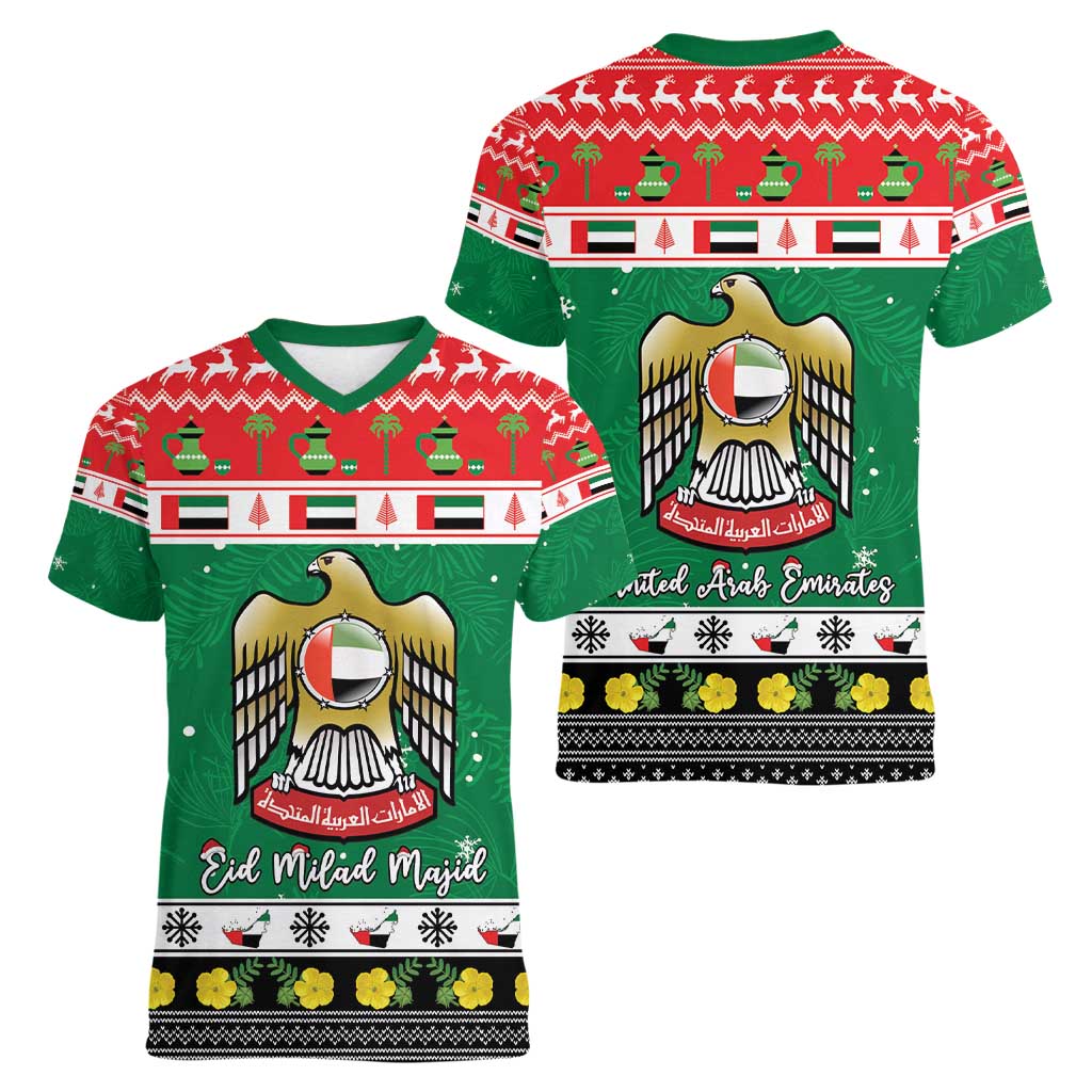 United Arab Emirates Christmas Women V-Neck T-Shirt Coat Of Arms Eid Milad Majid - Wonder Print Shop