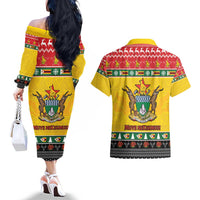 Zimbabwe Christmas Couples Matching Off The Shoulder Long Sleeve Dress and Hawaiian Shirt Coat Of Arms Muve neKisimusi - Wonder Print Shop