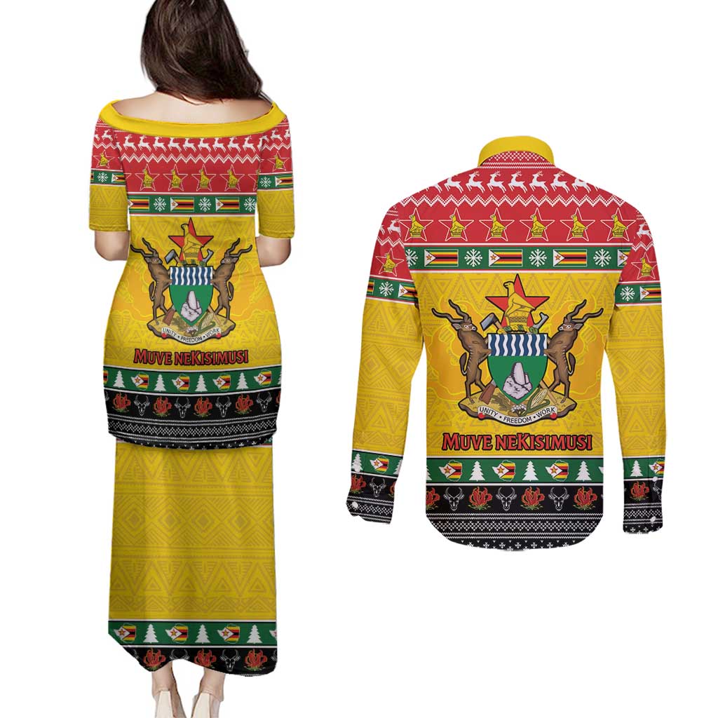 Zimbabwe Christmas Couples Matching Puletasi and Long Sleeve Button Shirt Coat Of Arms Muve neKisimusi - Wonder Print Shop