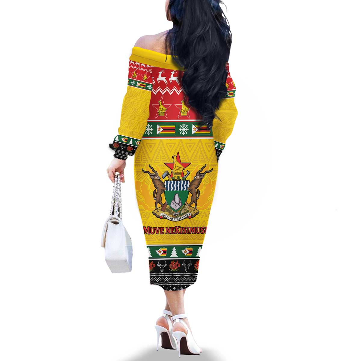 Zimbabwe Christmas Family Matching Off The Shoulder Long Sleeve Dress and Hawaiian Shirt Coat Of Arms Muve neKisimusi - Wonder Print Shop