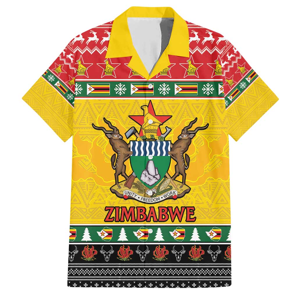 Zimbabwe Christmas Family Matching Short Sleeve Bodycon Dress and Hawaiian Shirt Coat Of Arms Muve neKisimusi - Wonder Print Shop