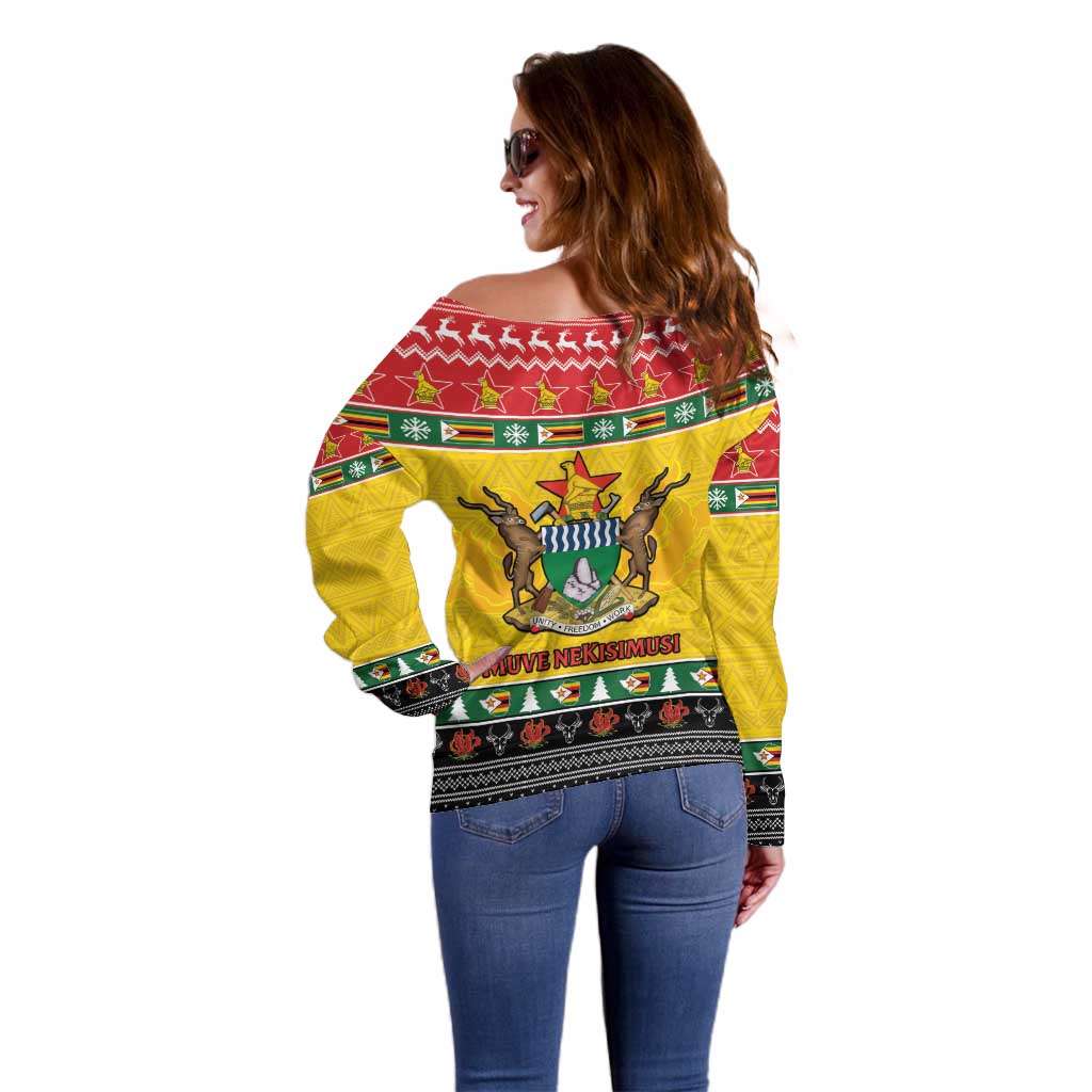 Zimbabwe Christmas Off Shoulder Sweater Coat Of Arms Muve neKisimusi - Wonder Print Shop