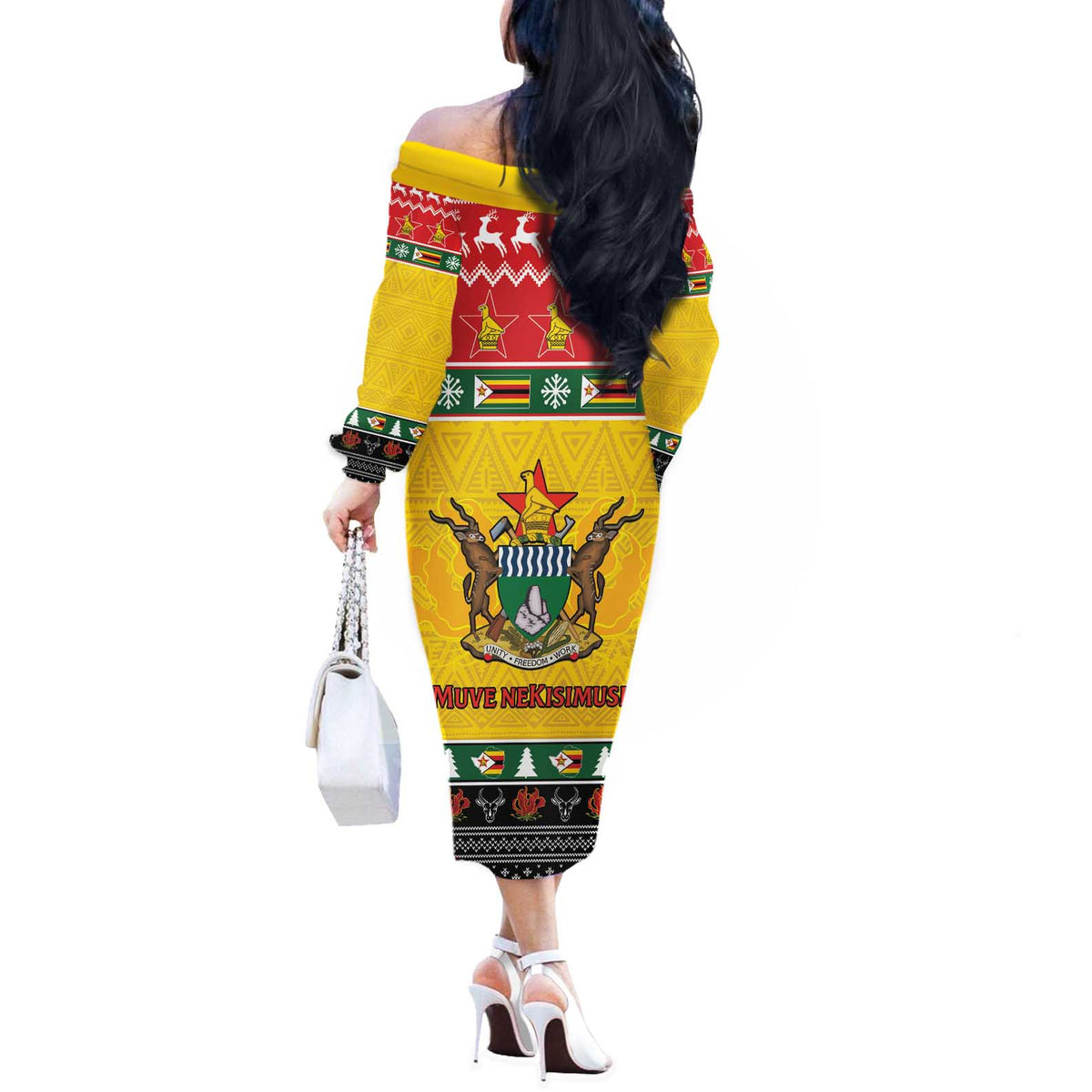 Zimbabwe Christmas Off The Shoulder Long Sleeve Dress Coat Of Arms Muve neKisimusi - Wonder Print Shop