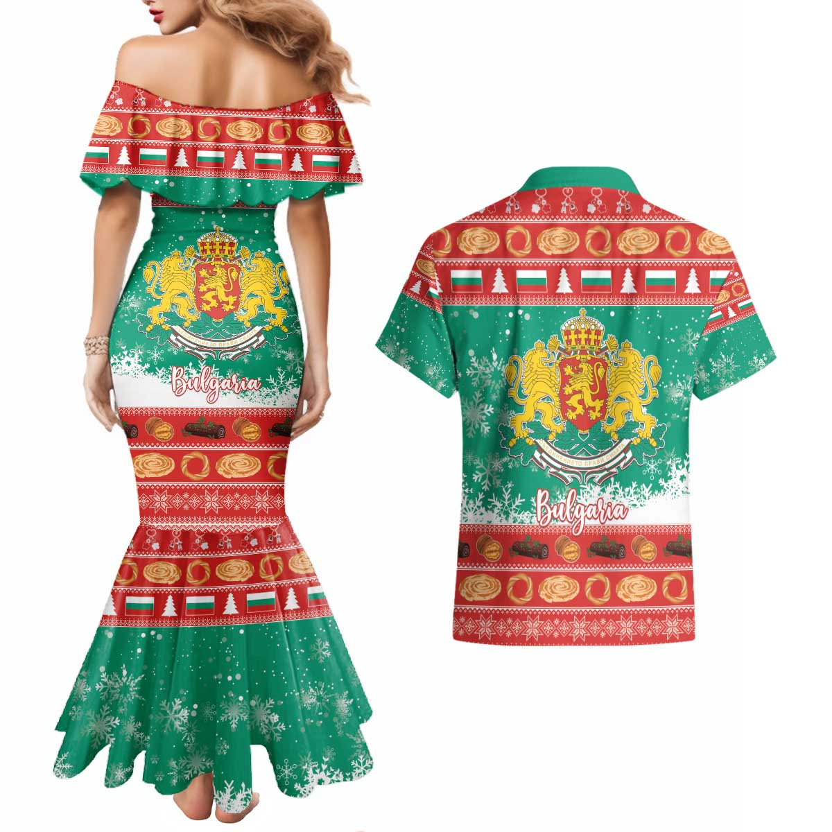 Bulgaria Christmas Couples Matching Mermaid Dress and Hawaiian Shirt Coat Of Arms Vesela Koleda - Wonder Print Shop
