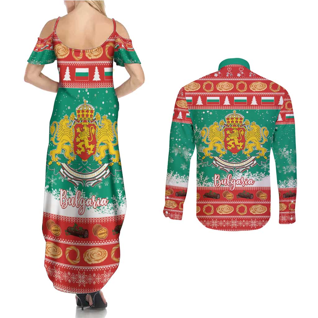 Bulgaria Christmas Couples Matching Summer Maxi Dress and Long Sleeve Button Shirt Coat Of Arms Vesela Koleda - Wonder Print Shop