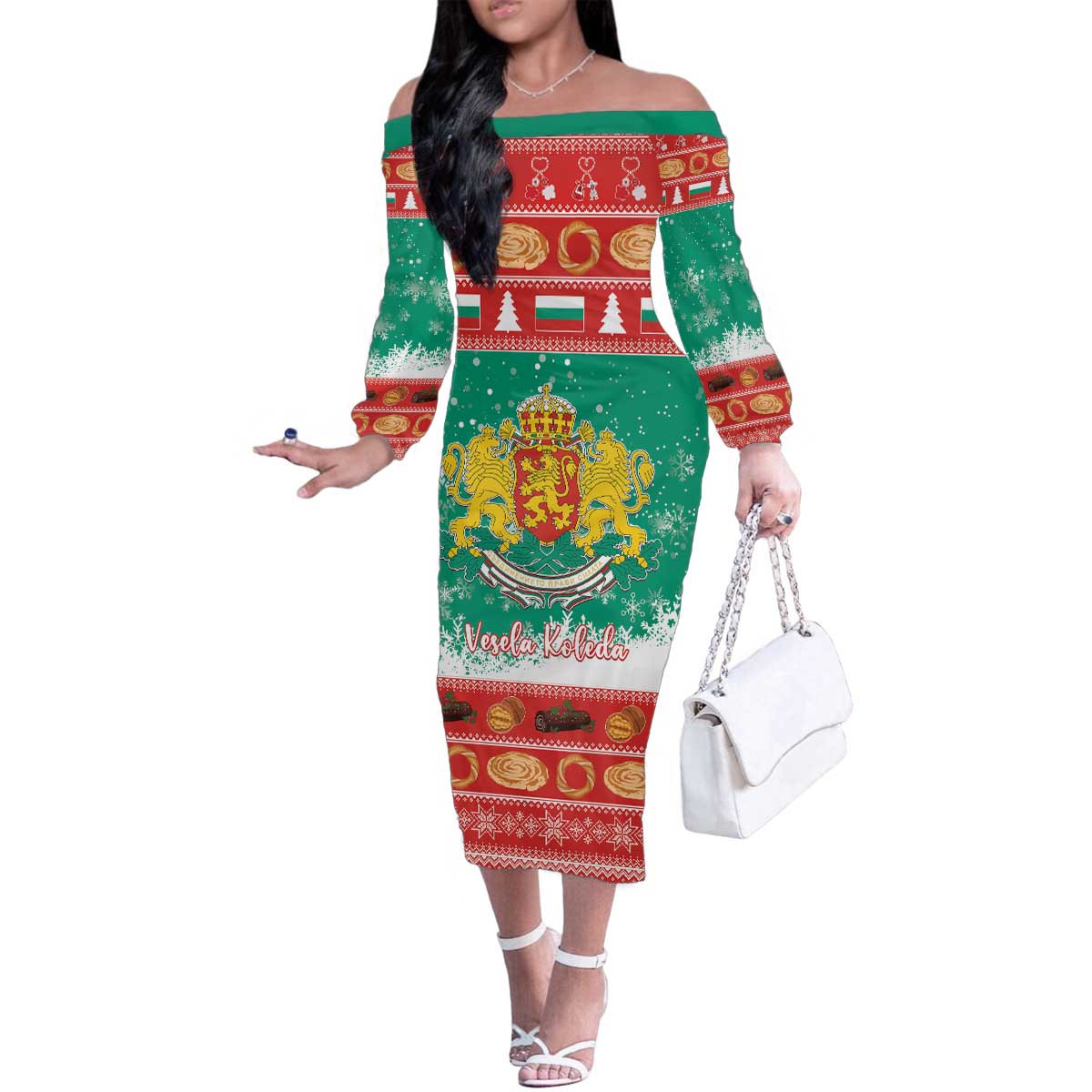 Bulgaria Christmas Family Matching Off The Shoulder Long Sleeve Dress and Hawaiian Shirt Coat Of Arms Vesela Koleda - Wonder Print Shop