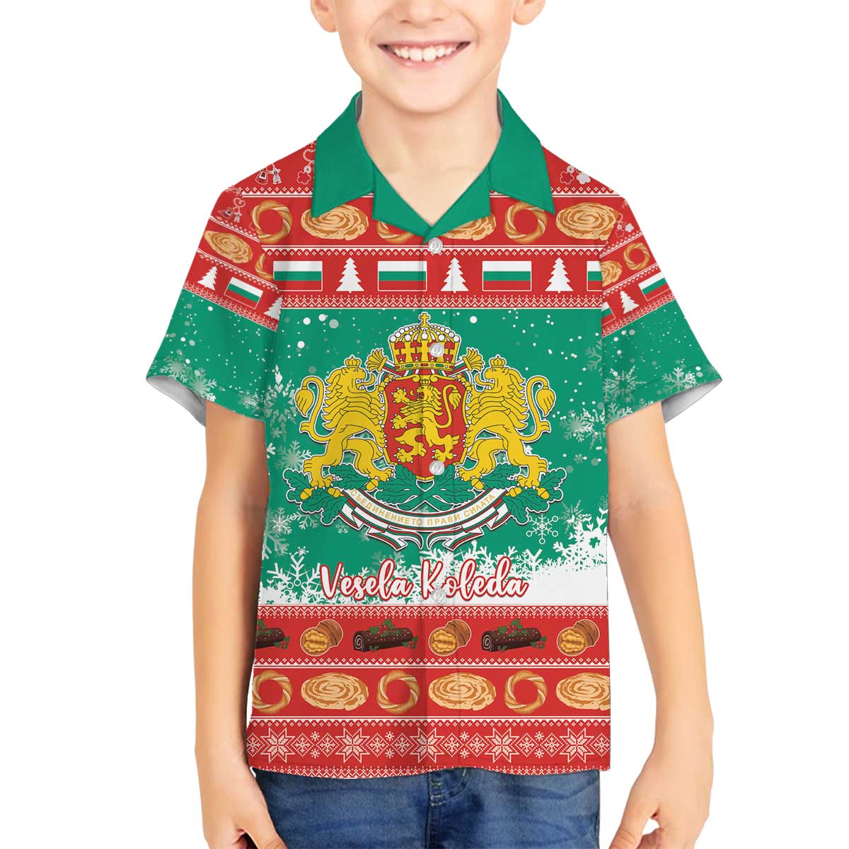 Bulgaria Christmas Family Matching Off The Shoulder Long Sleeve Dress and Hawaiian Shirt Coat Of Arms Vesela Koleda - Wonder Print Shop
