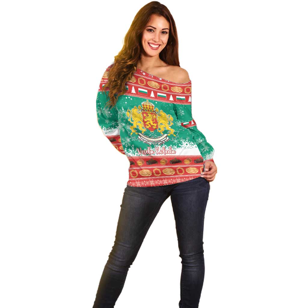 Bulgaria Christmas Off Shoulder Sweater Coat Of Arms Vesela Koleda - Wonder Print Shop