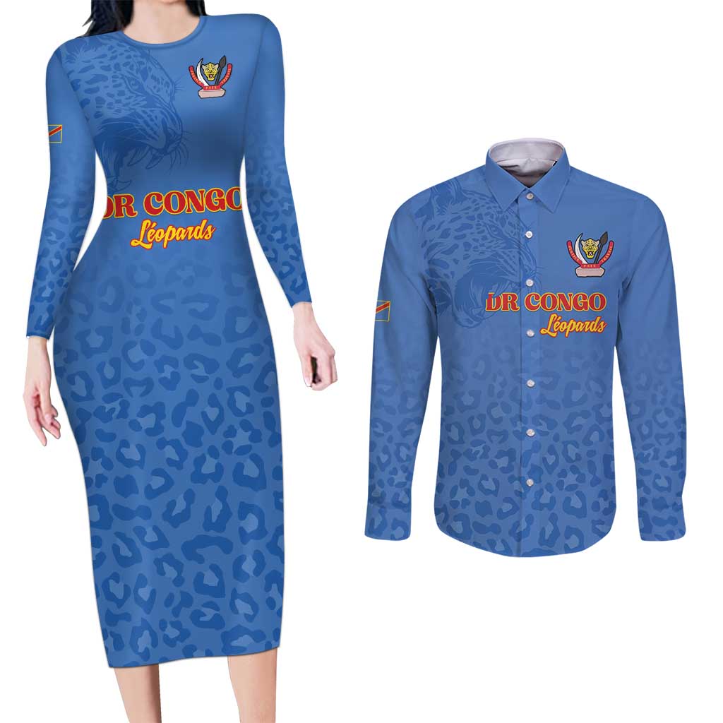 Custom DR Congo Football Couples Matching Long Sleeve Bodycon Dress and Long Sleeve Button Shirt Go Champions Leopards - Blue - Wonder Print Shop