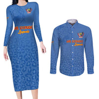 Custom DR Congo Football Couples Matching Long Sleeve Bodycon Dress and Long Sleeve Button Shirt Go Champions Leopards - Blue - Wonder Print Shop