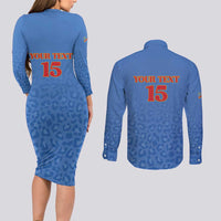 Custom DR Congo Football Couples Matching Long Sleeve Bodycon Dress and Long Sleeve Button Shirt Go Champions Leopards - Blue - Wonder Print Shop