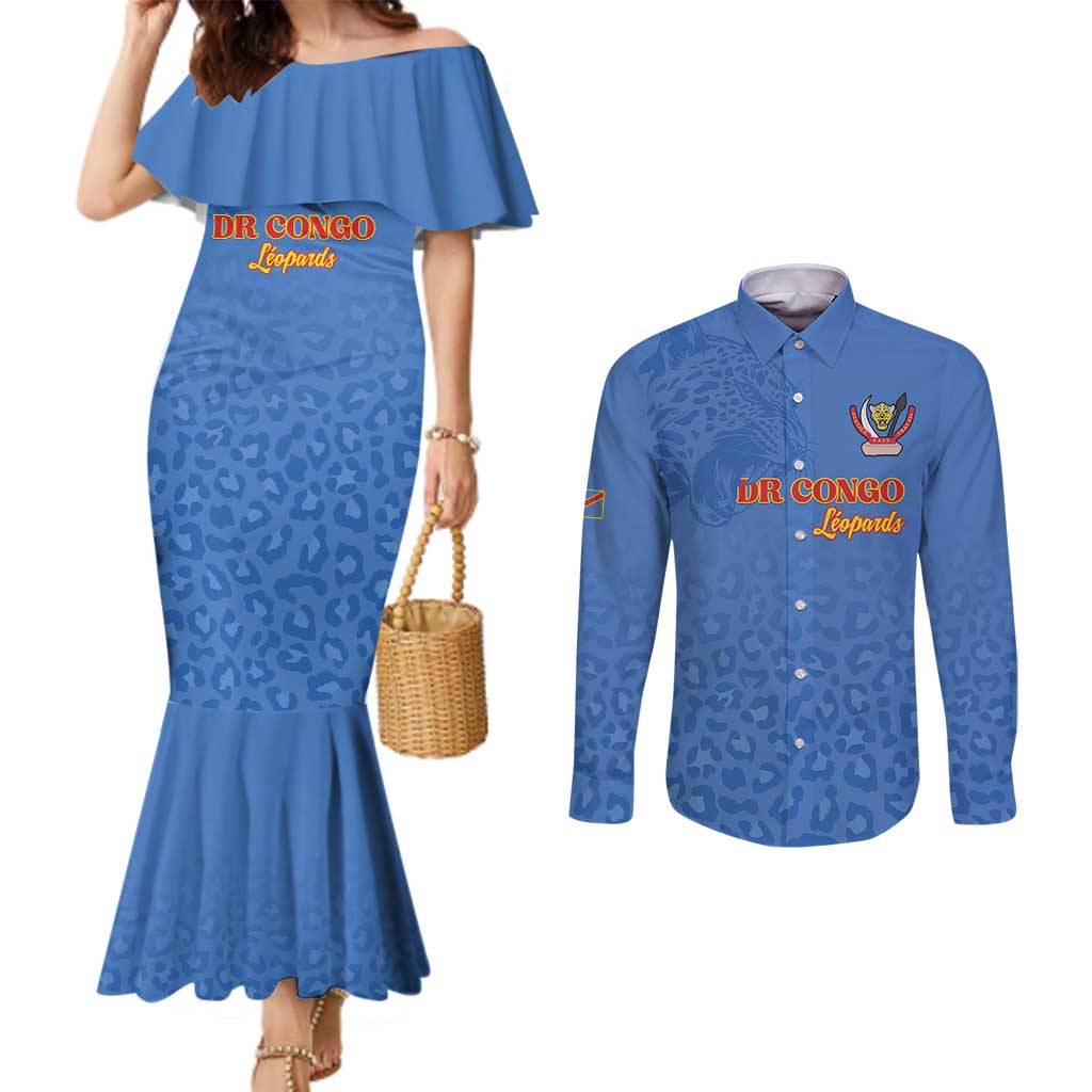Custom DR Congo Football Couples Matching Mermaid Dress and Long Sleeve Button Shirt Go Champions Leopards - Blue - Wonder Print Shop