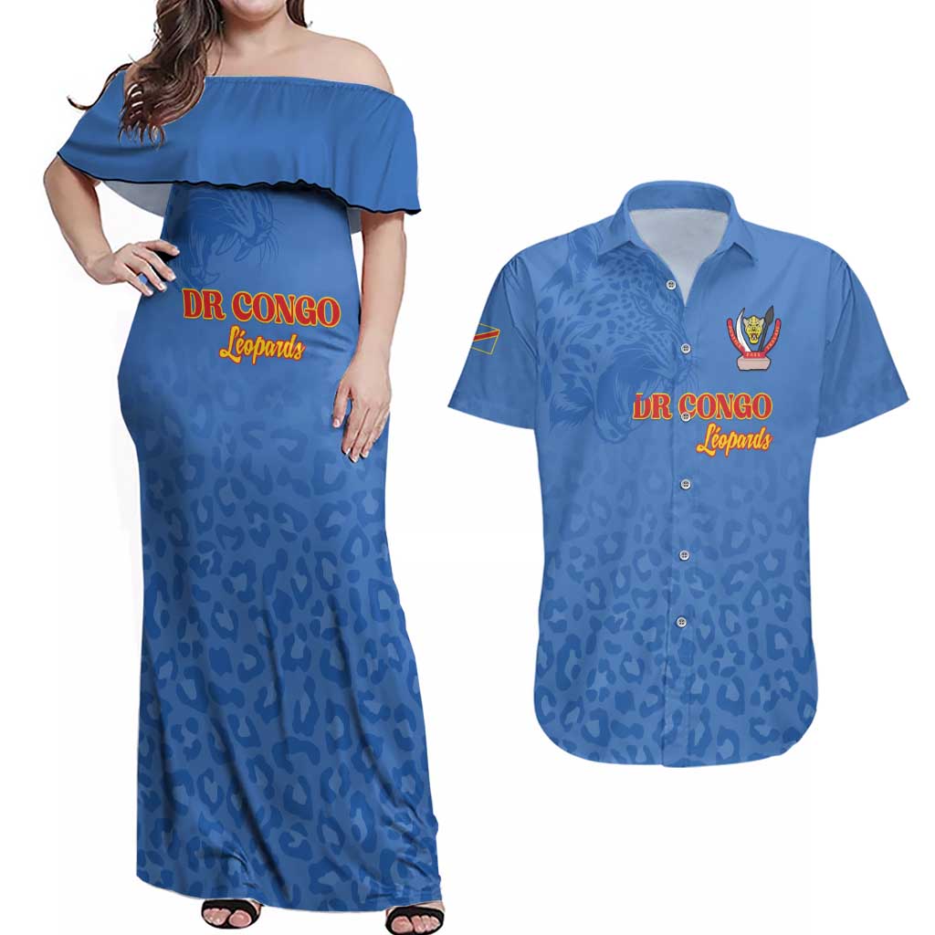 Custom DR Congo Football Couples Matching Off Shoulder Maxi Dress and Hawaiian Shirt Go Champions Leopards - Blue - Wonder Print Shop