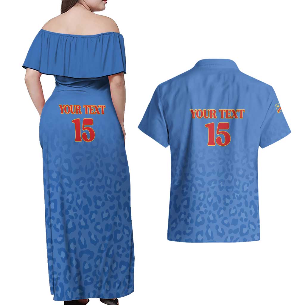 Custom DR Congo Football Couples Matching Off Shoulder Maxi Dress and Hawaiian Shirt Go Champions Leopards - Blue - Wonder Print Shop