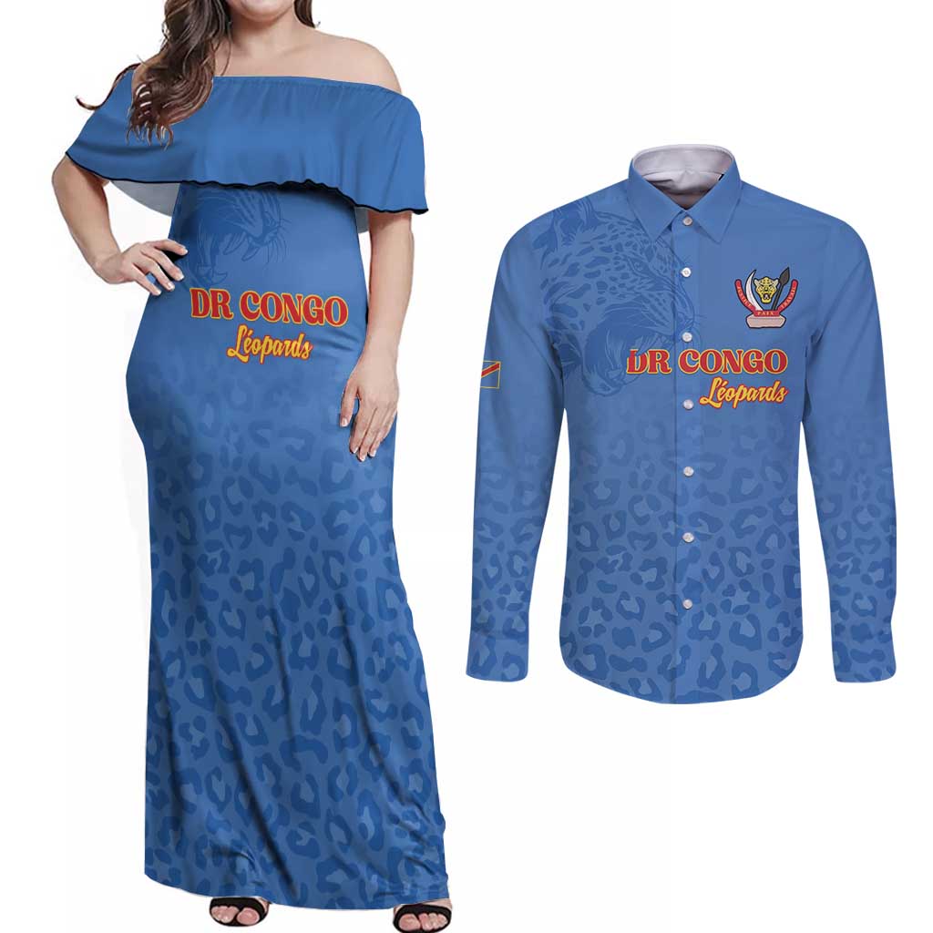Custom DR Congo Football Couples Matching Off Shoulder Maxi Dress and Long Sleeve Button Shirt Go Champions Leopards - Blue - Wonder Print Shop