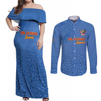 Custom DR Congo Football Couples Matching Off Shoulder Maxi Dress and Long Sleeve Button Shirt Go Champions Leopards - Blue - Wonder Print Shop