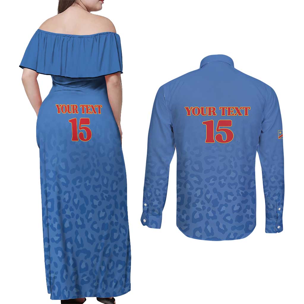 Custom DR Congo Football Couples Matching Off Shoulder Maxi Dress and Long Sleeve Button Shirt Go Champions Leopards - Blue - Wonder Print Shop
