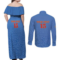 Custom DR Congo Football Couples Matching Off Shoulder Maxi Dress and Long Sleeve Button Shirt Go Champions Leopards - Blue - Wonder Print Shop