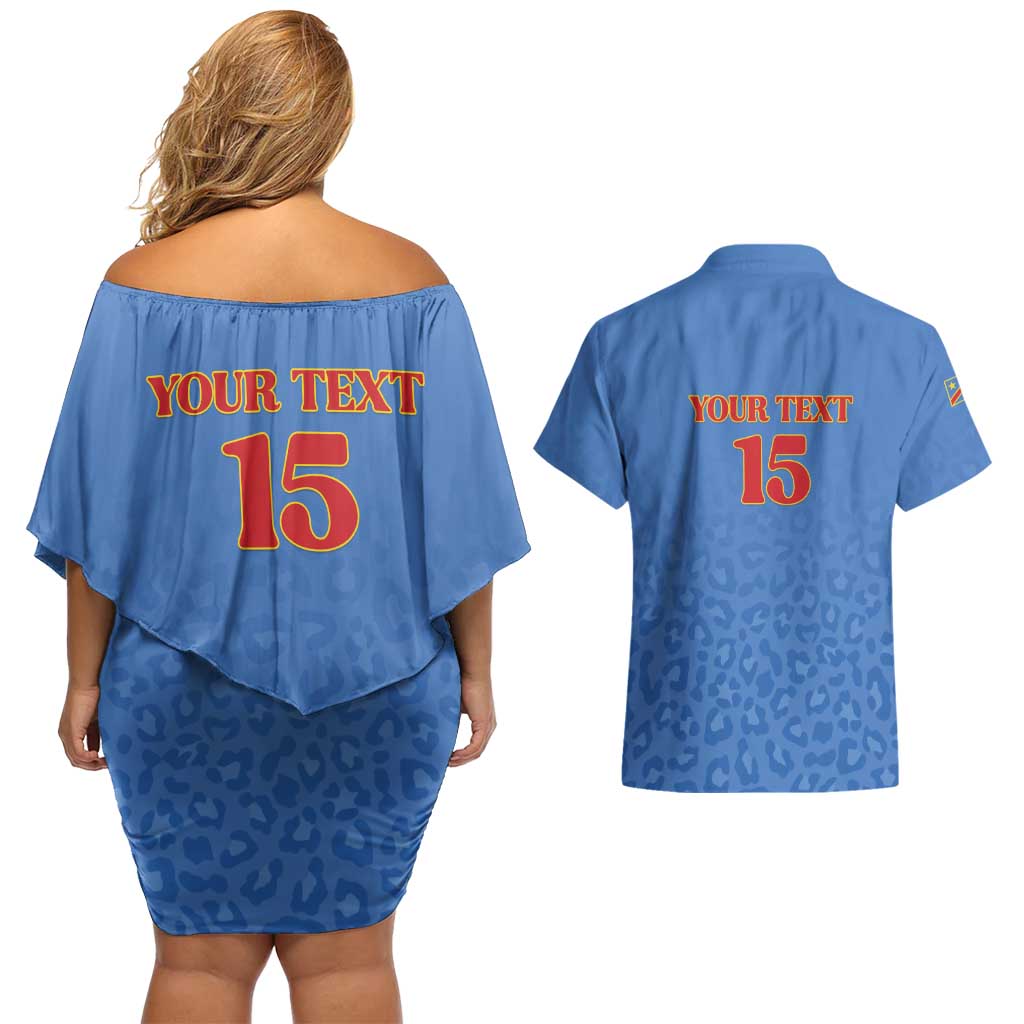 Custom DR Congo Football Couples Matching Off Shoulder Short Dress and Hawaiian Shirt Go Champions Leopards - Blue - Wonder Print Shop