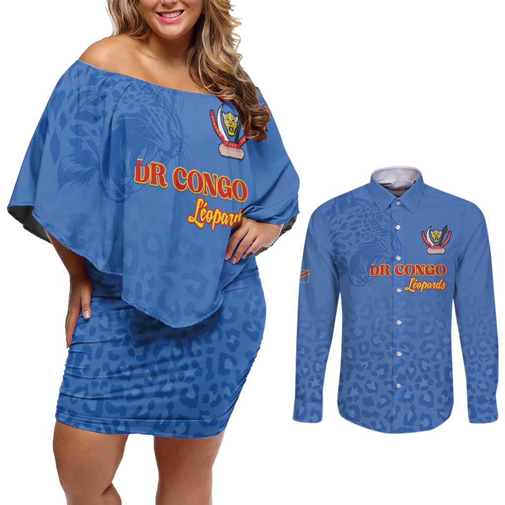 Custom DR Congo Football Couples Matching Off Shoulder Short Dress and Long Sleeve Button Shirt Go Champions Leopards - Blue - Wonder Print Shop