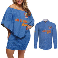 Custom DR Congo Football Couples Matching Off Shoulder Short Dress and Long Sleeve Button Shirt Go Champions Leopards - Blue - Wonder Print Shop