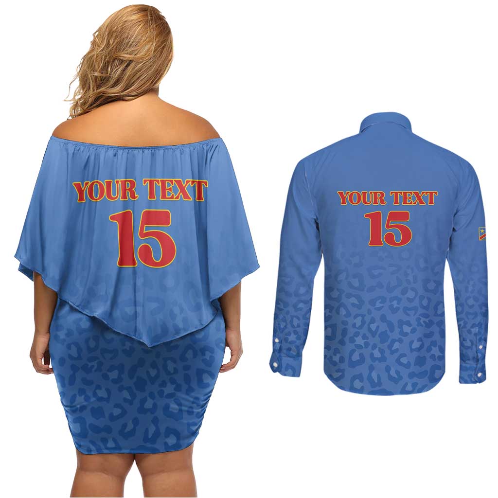 Custom DR Congo Football Couples Matching Off Shoulder Short Dress and Long Sleeve Button Shirt Go Champions Leopards - Blue - Wonder Print Shop