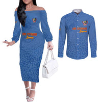 Custom DR Congo Football Couples Matching Off The Shoulder Long Sleeve Dress and Long Sleeve Button Shirt Go Champions Leopards - Blue - Wonder Print Shop