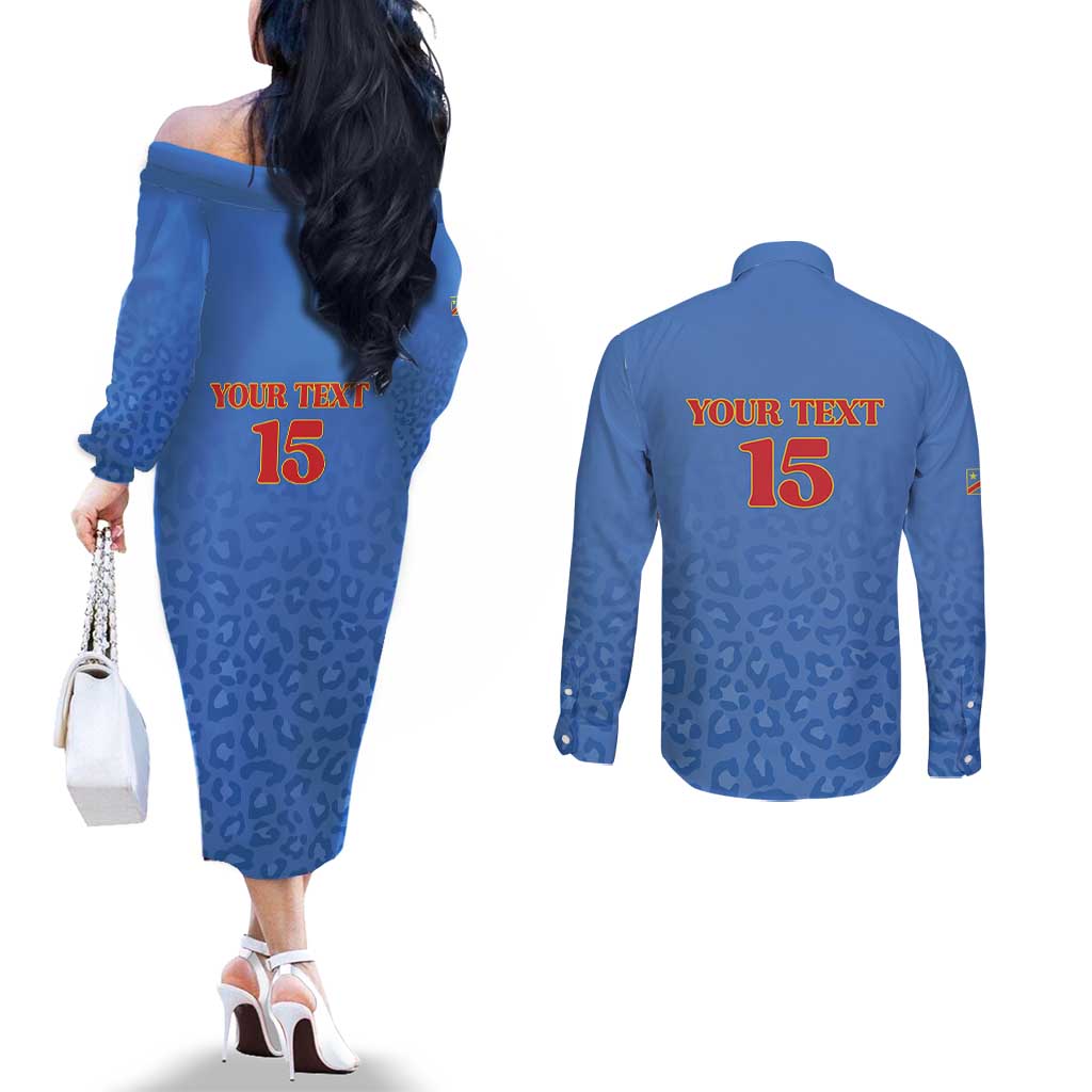 Custom DR Congo Football Couples Matching Off The Shoulder Long Sleeve Dress and Long Sleeve Button Shirt Go Champions Leopards - Blue - Wonder Print Shop