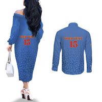 Custom DR Congo Football Couples Matching Off The Shoulder Long Sleeve Dress and Long Sleeve Button Shirt Go Champions Leopards - Blue - Wonder Print Shop