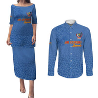 Custom DR Congo Football Couples Matching Puletasi and Long Sleeve Button Shirt Go Champions Leopards - Blue - Wonder Print Shop