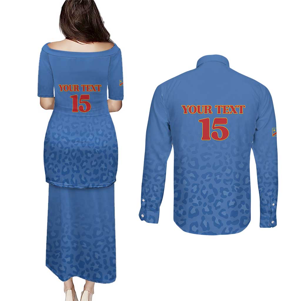 Custom DR Congo Football Couples Matching Puletasi and Long Sleeve Button Shirt Go Champions Leopards - Blue - Wonder Print Shop