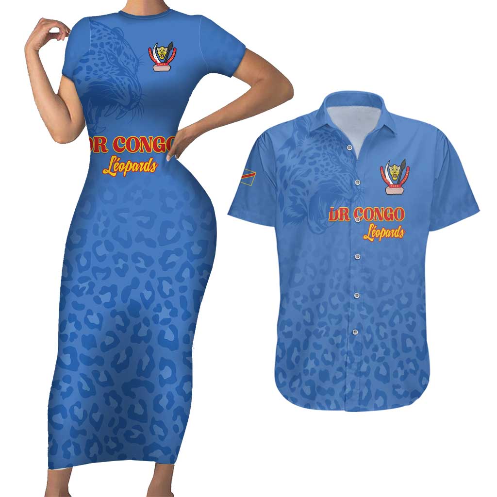 Custom DR Congo Football Couples Matching Short Sleeve Bodycon Dress and Hawaiian Shirt Go Champions Leopards - Blue - Wonder Print Shop