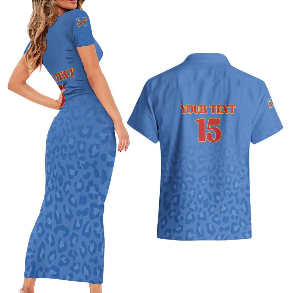 Custom DR Congo Football Couples Matching Short Sleeve Bodycon Dress and Hawaiian Shirt Go Champions Leopards - Blue - Wonder Print Shop